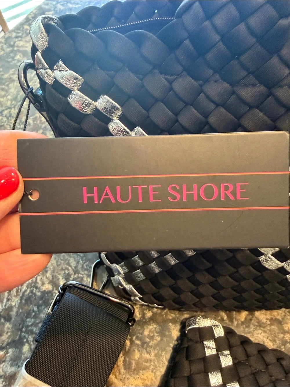 Haute Shore Woven Black Tote & Pouch with Silver Accent